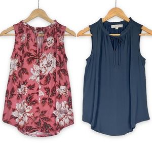 LOFT Two Sleeveless Shells Ruffle Neck Tie Mixed Media Tank Tops XSP XS Petite